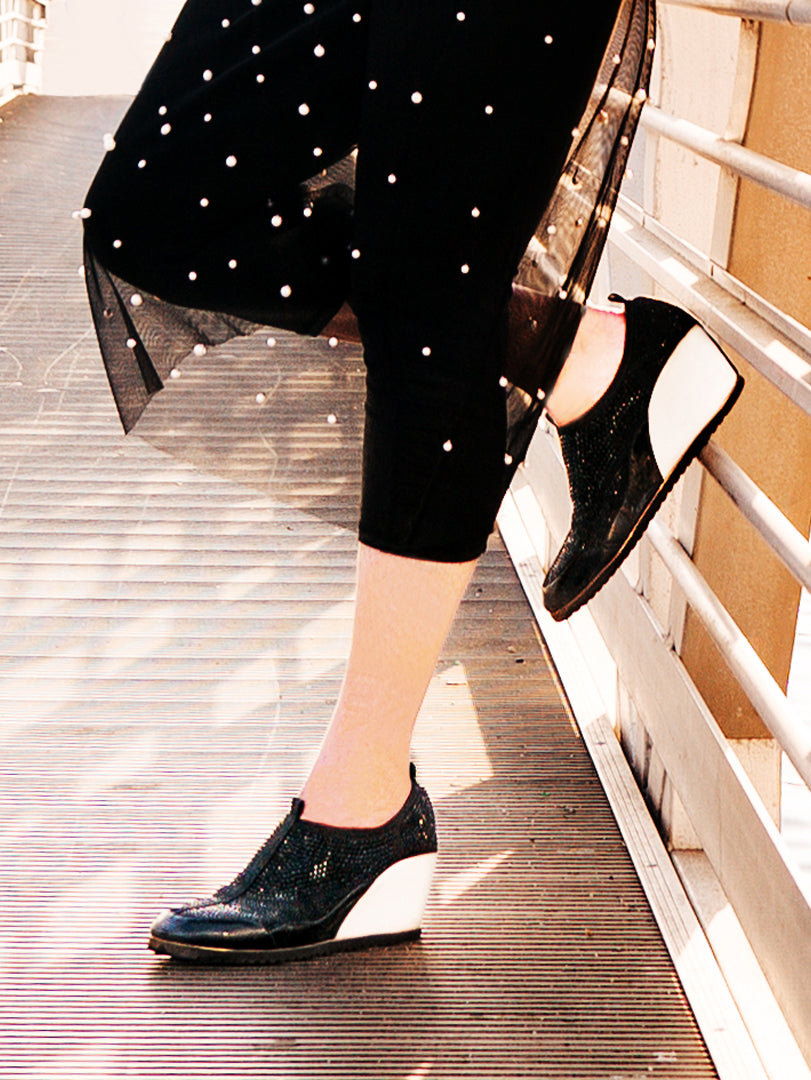 OMG Black/White Crystal Stretch, Hidden Wedge, Slip on Sneaker